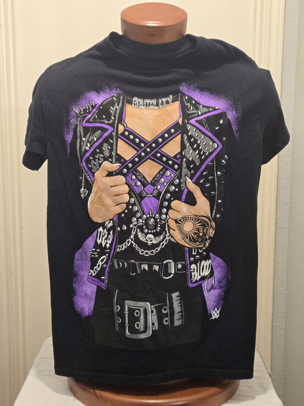 WWE, Rhea Ripley, Black Tee with Purple Graphic “Brutality” Design, S